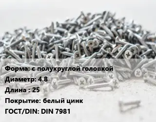 Шуруп с полукруглой головкой 4.8х25 белый цинк ГОСТ: DIN 7981